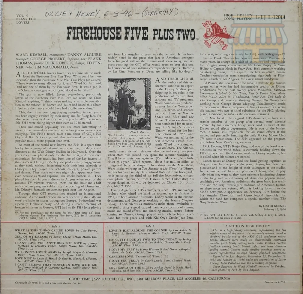 Firehouse Five Plus Two - Plays for Lovers LP thumbnail 2